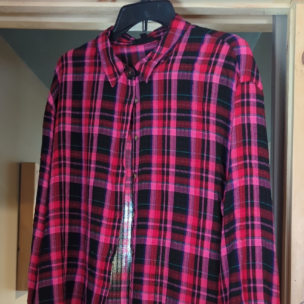 Red Pink And Black Plaid Button-Up Shirt
